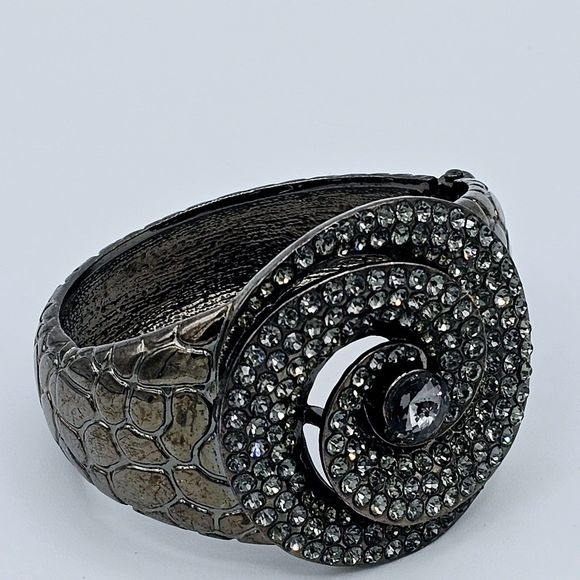Statement Bracelet Pave Rhinestone Floral Swirl Gem Gun Metal Reptile Print Cuff - Picture 7 of 11
